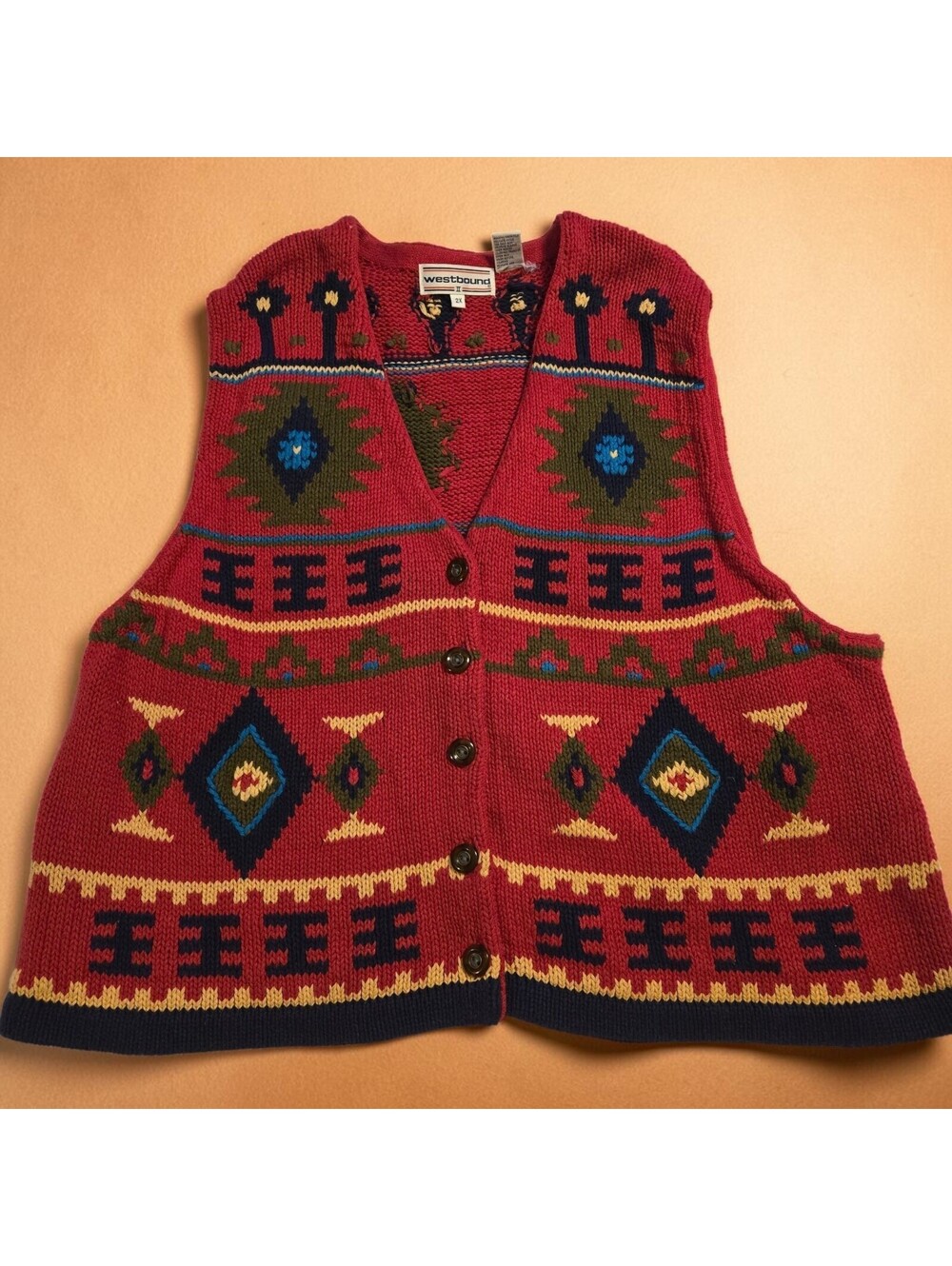 Vintage Westbound Womens Southwestern Aztec Knit Sweater Vest Red Geometric 2X
